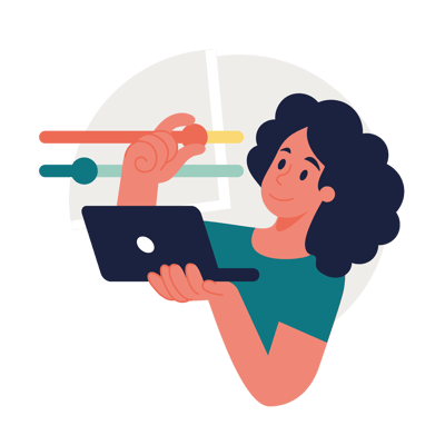 Illustration af person der arbejder på laptop med grafer i baggrunden