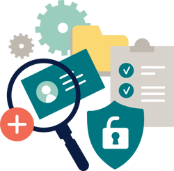 Ikoner for identitetsstyring: brugerprofil, mappe, tjekliste, lås og tandhjul.