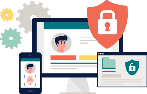 Adgangsstyring med bruger på skærm, lås, skjold og fingeraftryk.