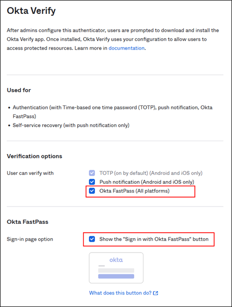 Okta Verify konfigureret til FastPass